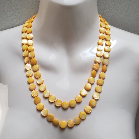 DBL Strand Yellow Shell Pearl Coin Handmade Necklace Filigree Box Clasp - Picture 8 of 9